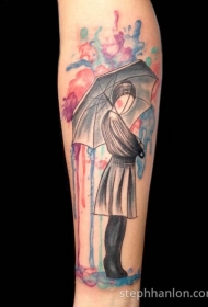 手臂抽象风格的女生与伞纹身图案