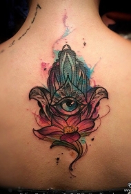 背部法蒂玛之手花朵眼睛泼墨纹身图案