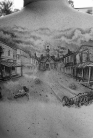 背部3D黑白的西部城镇纹身图案