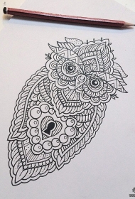 欧美猫头鹰梵花线条纹身图案手稿
