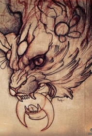 欧美暗黑系狼头月亮纹身图案手稿