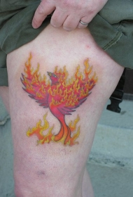 大腿惊人的火凤凰彩色纹身图案