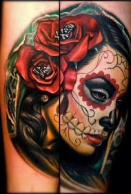 难以置信的墨西哥式彩色女性肖像手臂纹身图案