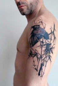 大臂抽象风格的彩色丛林小鸟纹身图案