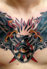 胸部传统风格的彩色圣心匕首和狼纹身图案