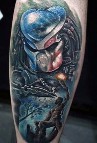 小腿彩色的外星人与士兵纹身图案