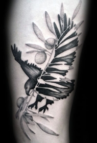 点刺风格黑色小鸟与橄榄枝手臂纹身图案