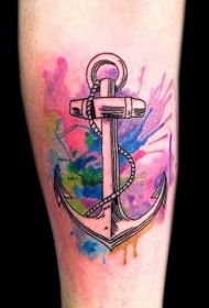 航海风格的彩色泼墨船锚纹身图案
