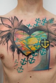 胸部斑斓的心形和船锚纹身图案