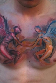 胸部令人难以置信的五彩斑斓天使和恶魔纹身图案