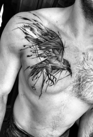 男性胸部钢笔画风格鸟纹身图案