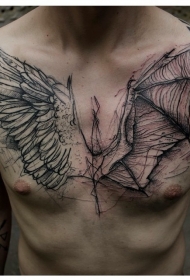 雕刻风格黑色的天使和恶魔翅膀纹身图案