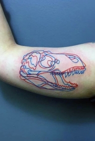 大臂3D红色和蓝色线条恐龙头骨纹身图案