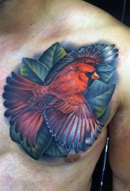 3D逼真的彩色小小鸟胸部纹身图案
