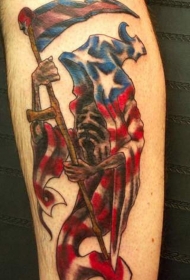 小腿彩色的美国国旗死神纹身图案