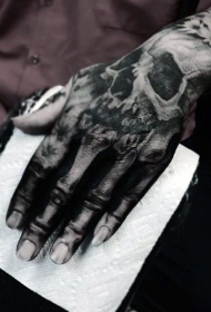 手背令人毛骨悚然的黑白骷髅骨架纹身图案
