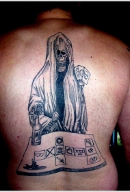 背部死神和扑克牌个性纹身图案