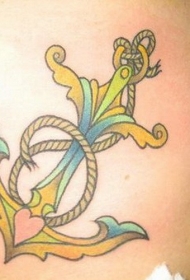 可爱的彩色船锚与绳子心形纹身图案