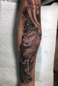 彩绘华丽的黑白狮子和星座符号手臂纹身图案