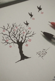 小清新树小鸟心形纹身图案手稿
