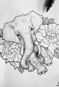 欧美大象牡丹花纹身图案手稿