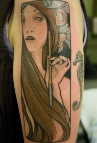 手臂彩色斑斓的女性肖像纹身图案