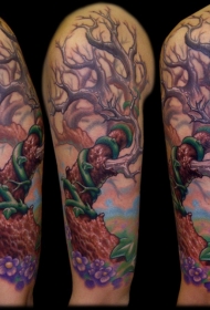 手臂3D风格彩色神秘孤独的树纹身图案
