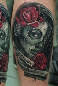 墨西哥传统的女性肖像和玫瑰手臂纹身图案