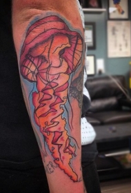 手臂卡通风格手绘彩色水母纹身图案
