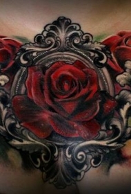 胸部非常酷的3D彩色玫瑰纹身图案