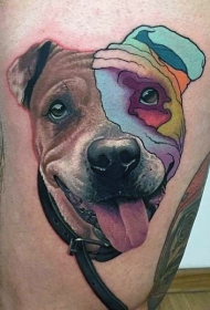 大腿七彩3D狗头像创意纹身图案