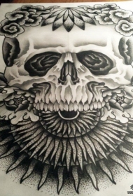 欧美骷髅太阳牡丹花点刺纹身图案手稿