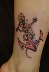 脚踝可爱的彩色船锚与绳子纹身图案
