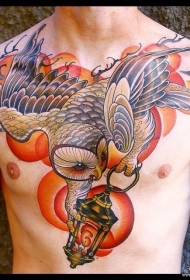 胸部欧美school彩色猫头鹰纹身图案