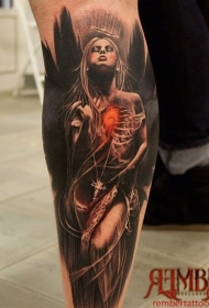 小腿独特的彩色黑暗天使女人纹身图案