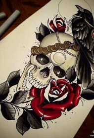 欧美乌鸦骷髅玫瑰花纹身图案手稿