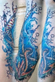 彩色DNA符号和蓝色水花船锚手臂纹身图案