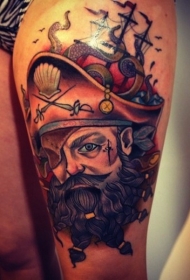 大腿彩色的海盗头像纹身图案