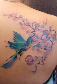背部抽象风格美丽的彩色鸟和花朵纹身图案