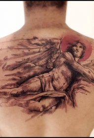 old school彩色天使和太阳背部纹身图案