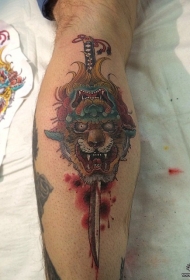 传统老虎匕首彩绘小腿纹身图案