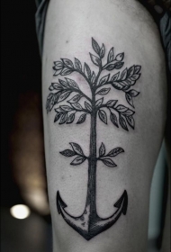 大腿黑色线条船锚结合树纹身图案