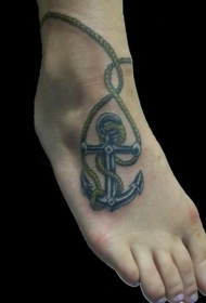 脚背船锚和绳子彩色纹身图案