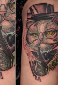 手臂插画式彩色吸烟的猫纹身图案
