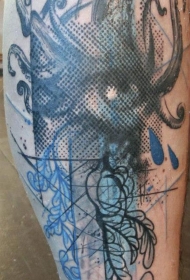 小腿抽象风格的彩色女人与树叶纹身图案