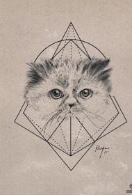 小清新猫几何线条纹身图案手稿