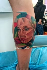 小腿抽象风格彩色不寻常的女人脸纹身图案