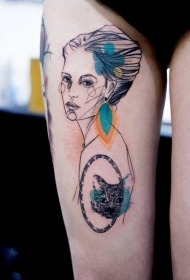 大腿彩色的猫和抽象女人纹身图案