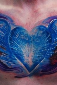男性胸部3D风格的彩色闪亮心形与翅膀纹身图案