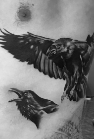 侧肋3D风格的飞翔乌鸦纹身图案